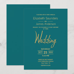 Modern Minimalist Teal Gold Wedding Invitation