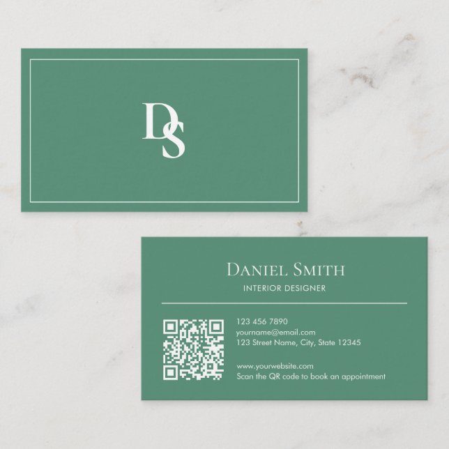 Modern Minimalist Teal Green Initials QR Code Business Card (Front/Back)