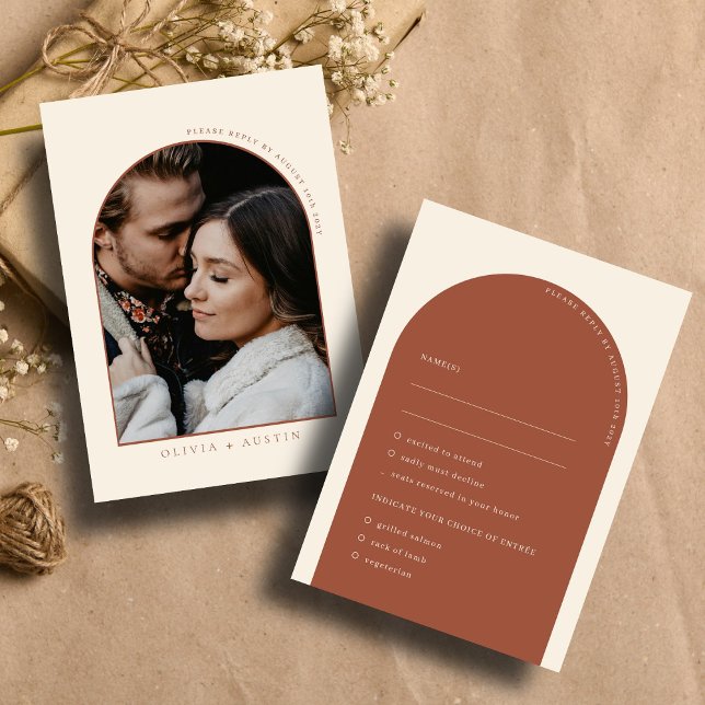 Modern Minimalist Terracotta Arch Photo RSVP Card (Creator Uploaded)