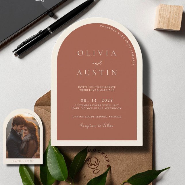 Modern Minimalist Terracotta Arch Photo Wedding Invitation (Creator Uploaded)