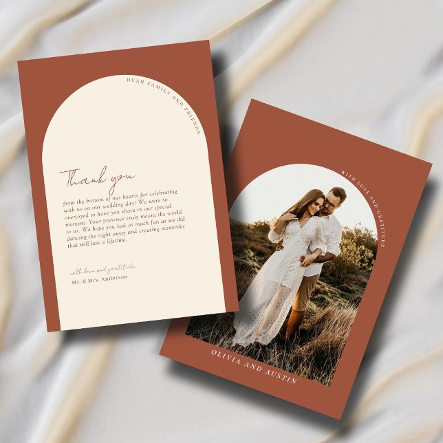 Modern Minimalist Terracotta Arch Wedding Photo Thank You Card (Creator Uploaded)