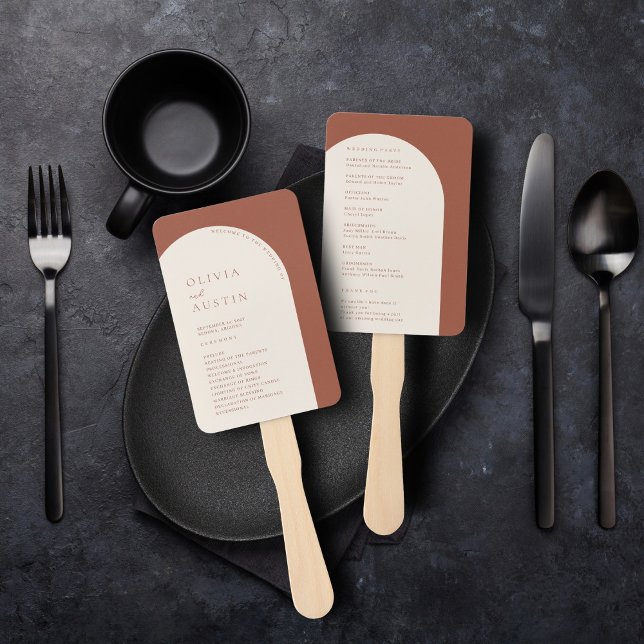Modern Minimalist Terracotta Arch Wedding Program Hand Fan (Creator Uploaded)