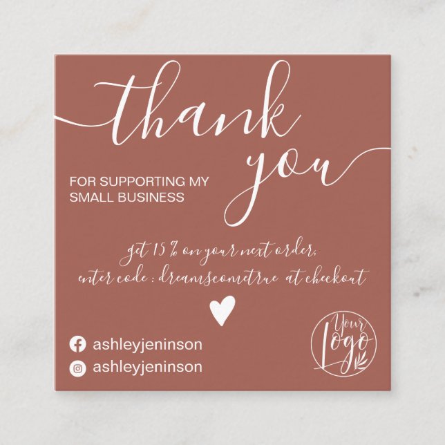 Modern minimalist terracotta order thank you square business card (Front)