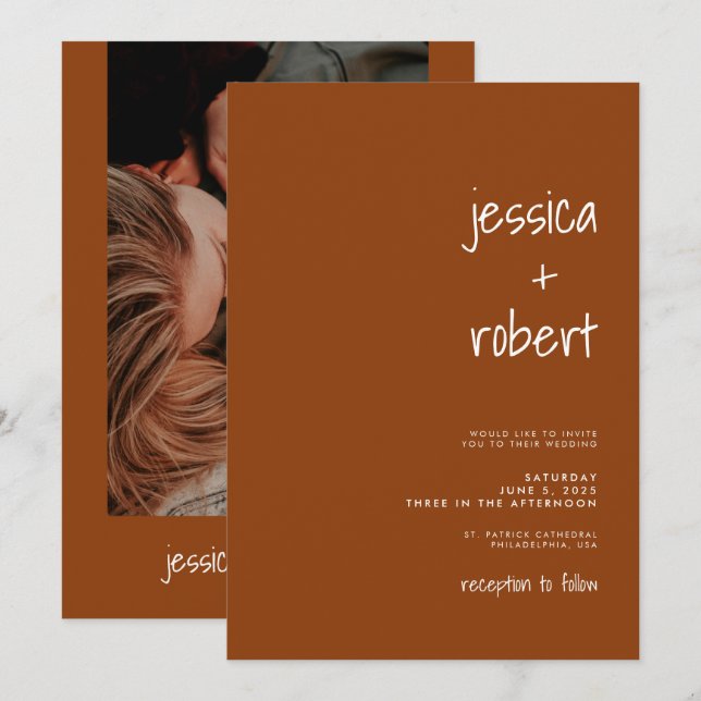 Modern Minimalist Terracotta Photo Wedding Invitation (Front/Back)