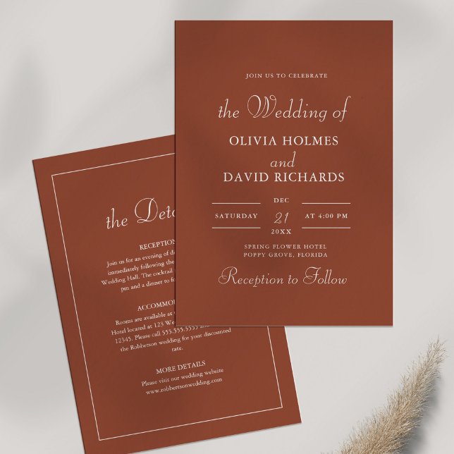 Modern Minimalist  Terracotta Wedding Invitation (Modern Minimalist Terracotta Wedding Invitation on white background with dry wildflower.)