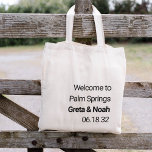 Modern Minimalist Text Destination Wedding Welcome Tote Bag<br><div class="desc">Welcome guests to your destination wedding with these chic and modern personalised tote bags. Design features "welcome to [destination]" in black sans serif lettering with your names and wedding date beneath,  aligned at the lower right for a minimalist,  midcentury modern look.</div>