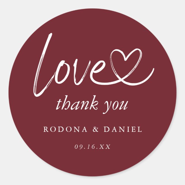 Modern Minimalist Thank You Wedding Burgundy Classic Round Sticker (Front)