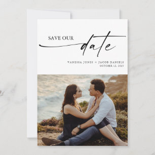 Modern Minimalist Thin Script Wedding Photo Save The Date