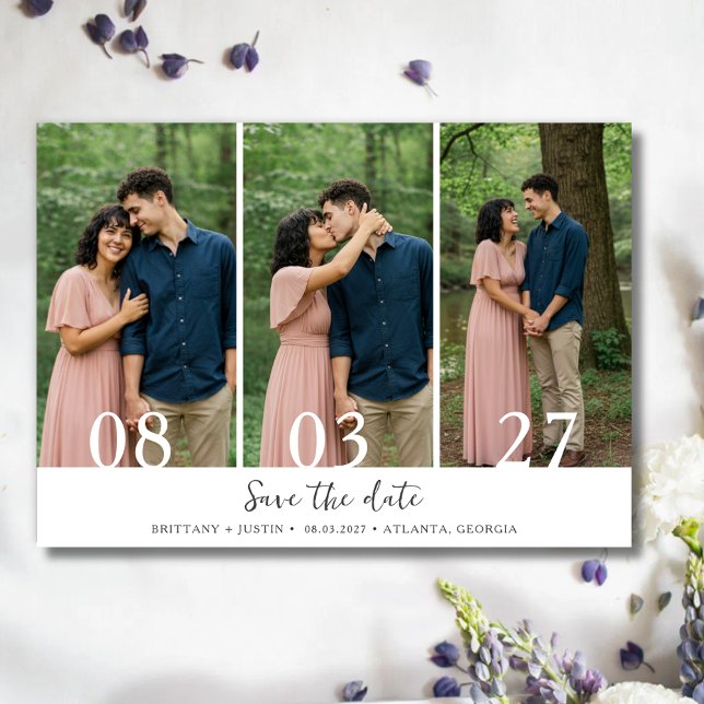 Modern Minimalist Three Photo Wedding  Save The Date (Modern Minimalist Three Photo Wedding Save The Date)