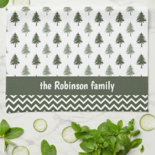 Modern Minimalist Trees Family Name Christmas Tea Towel