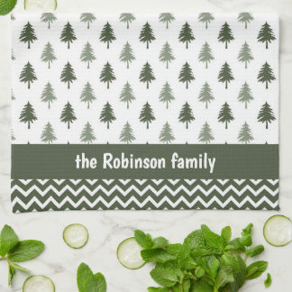 Modern Minimalist Trees Family Name Christmas Tea Towel