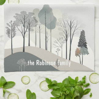 Modern Minimalist Trees Family Name Christmas Tea Towel
