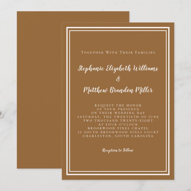 Modern Minimalist Trendy Rustic Brown Chic Wedding Invitation (Front/Back)