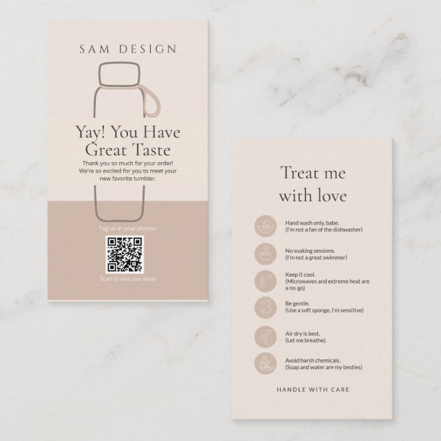 Modern Minimalist Tumbler Care Card with Barcode (Front/Back)