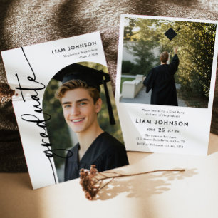 Modern Minimalist Two Photo Graduation Party Invit Invitation