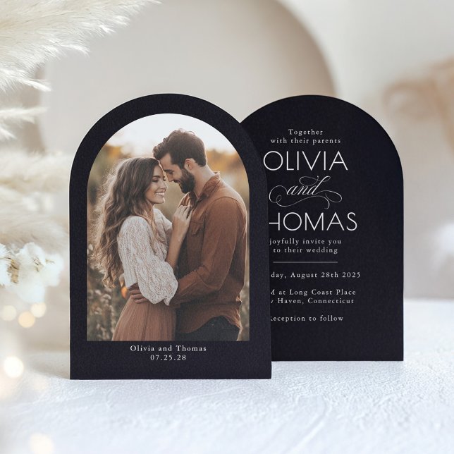Modern Minimalist Typography Black Wedding Photo Invitation (Wedding Photo Invitation Black Arch)