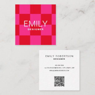 Modern Minimalist Typography Chequered Pink Red Square Business Card