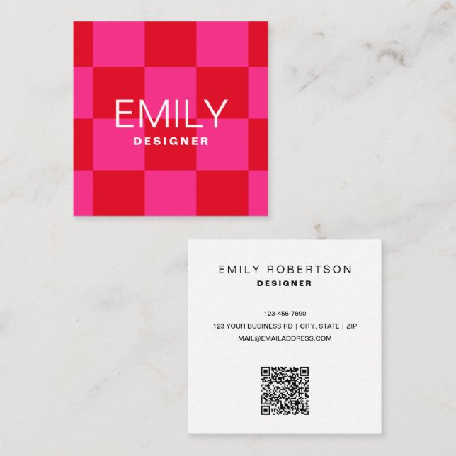Modern Minimalist Typography | Chequered Pink Red Square Business Card (Front/Back)
