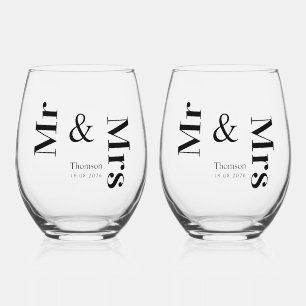 Modern Minimalist Typography Mr and Mrs Wedding Stemless Wine Glass