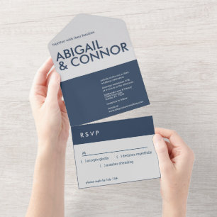 Modern Minimalist Typography Navy Blue Grey All In One Invitation