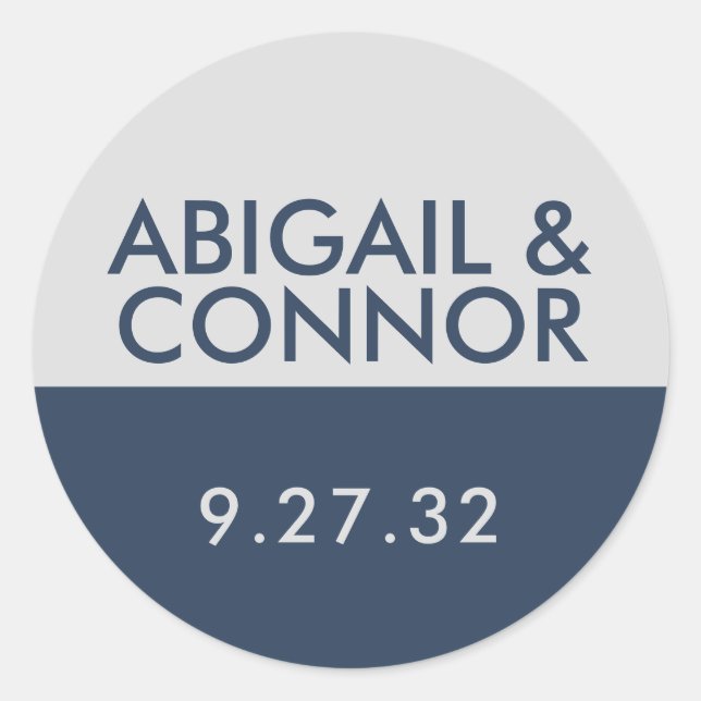 Modern Minimalist Typography Navy Blue Grey Names Classic Round Sticker (Front)
