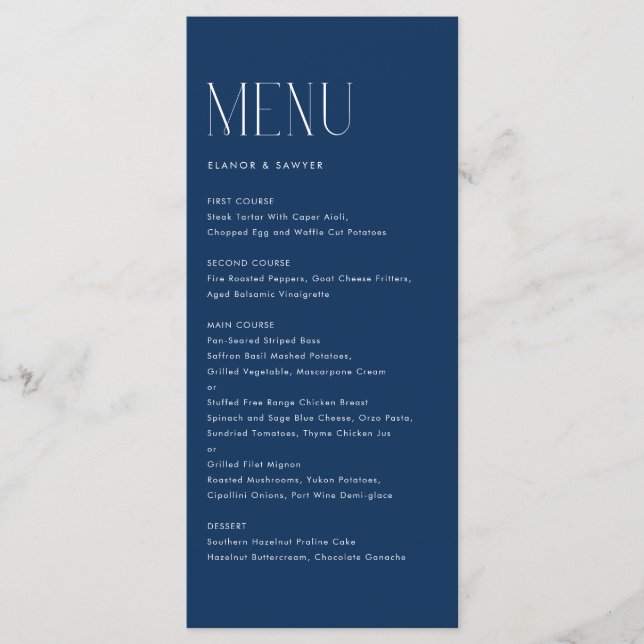 Modern Minimalist Typography Navy Blue Wedding Menu (Front)