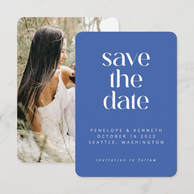 Modern Minimalist Ultramarine Blue Simple Photo Save The Date (Front/Back)