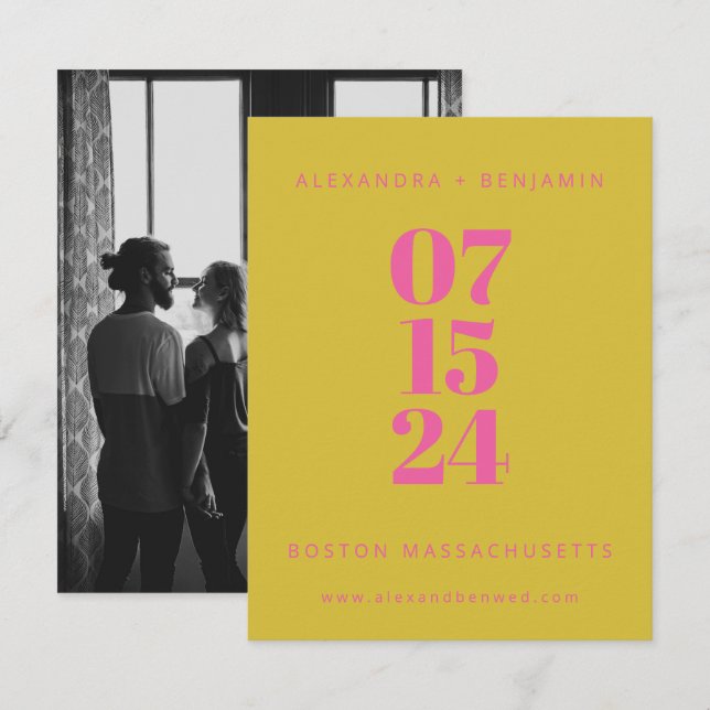 Modern Minimalist Unique Pink Yellow Full Photo Save The Date (Front/Back)