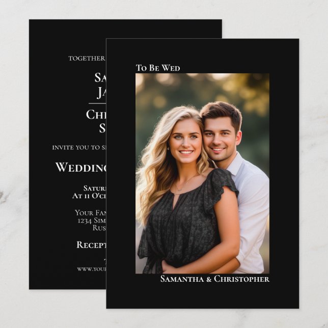 Modern Minimalist Vertical Photo Black Wedding Invitation (Front/Back)