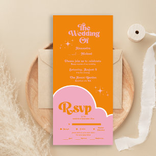 Modern Minimalist Vibrand Orange and Pink Wedding All In One Invitation