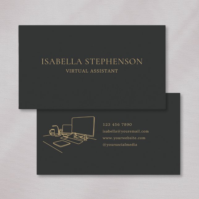 Modern Minimalist Virtual Assistant Dark Grey Gold Business Card (Creator Uploaded)