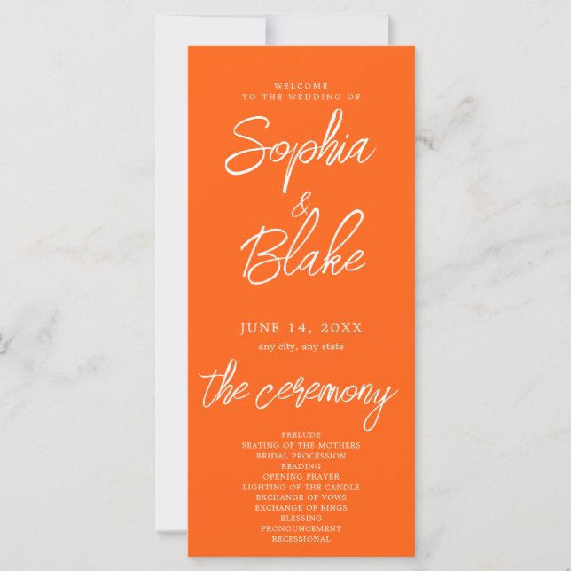 Modern Minimalist Vivid Orange Wedding Program (Front)