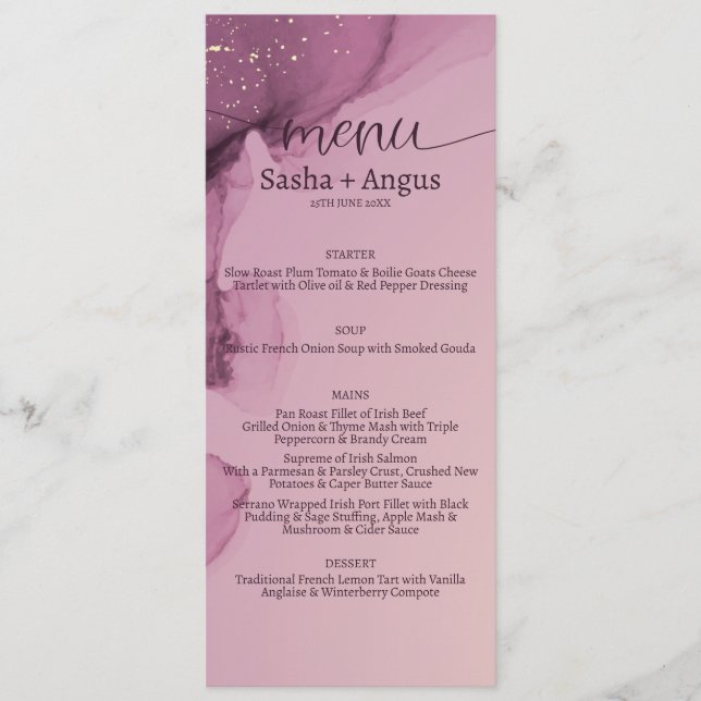 Modern Minimalist Watercolor Gold Glitter Wedding Menu (Front)