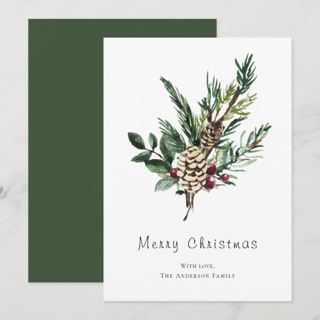 Modern Minimalist Watercolour Holly Pine Cone Holiday Card (Front/Back)