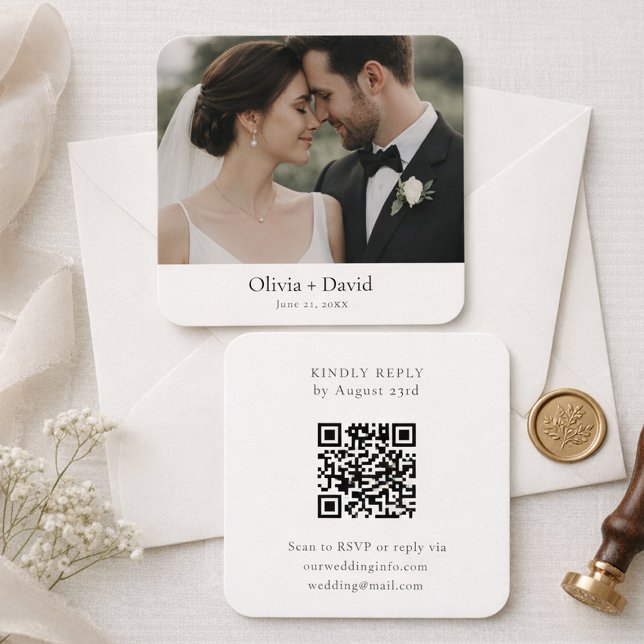 Modern Minimalist Wedding Card with QR Code (Wedding QR code card with soft neutral styling and photo announcement)