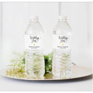 Modern Minimalist Wedding Couple Text Black White Water Bottle Label