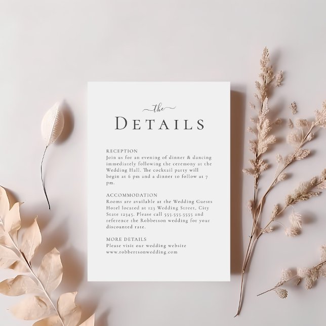 Modern Minimalist Wedding Details Card (Modern Minimalist Wedding Details Card on a table with blush pink dry flowers.)