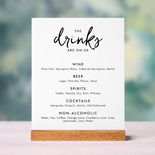 Modern Minimalist Wedding Drinks Bar Menu Acrylic Sign (Neutral)