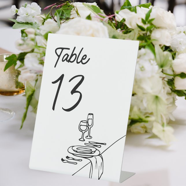 Modern Minimalist Wedding Hand-Drawn Table Number Pedestal Sign (Elegant table number card with chic minimalistic dining illustration, perfect for modern weddings.)
