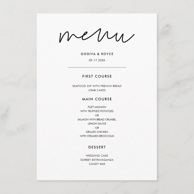Modern Minimalist wedding Menu (Front)