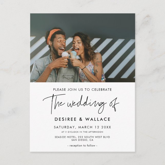 Modern minimalist wedding photo invitation postcard (Front)