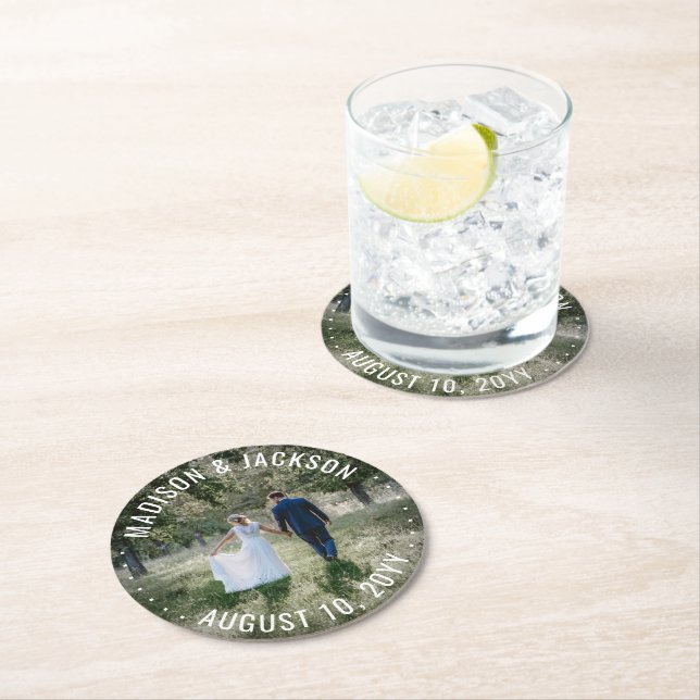 Modern Minimalist Wedding Photo Love & Thanks Chic Round Paper Coaster (Insitu)