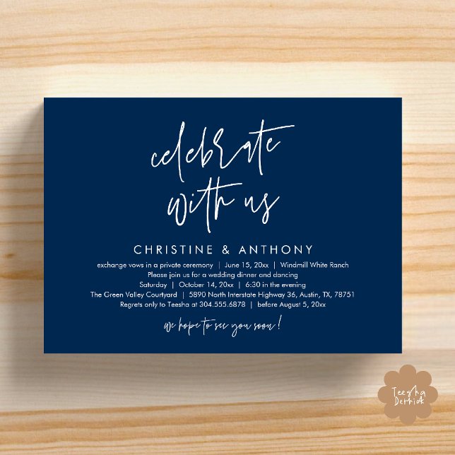 Modern Minimalist Wedding Reception Dinner Invitation (Modern Minimalist Wedding Reception Dinner Invitation Card, Celebrate with us, in Navy Blue)