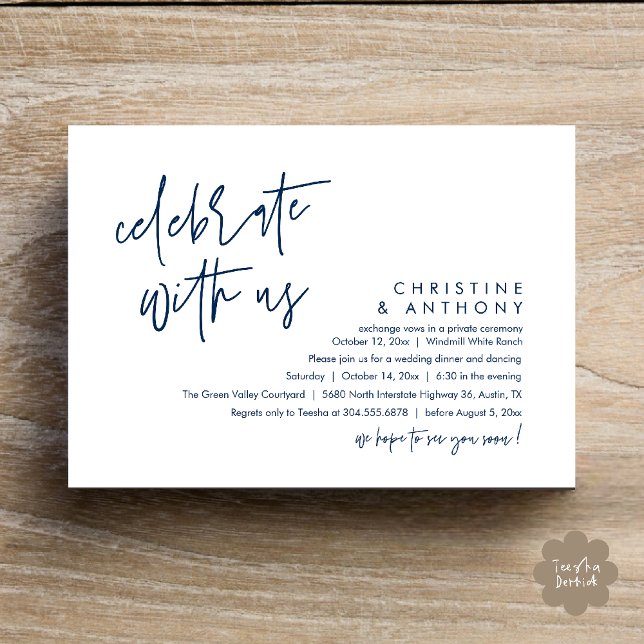 Modern Minimalist Wedding Reception Dinner Invitation (Modern Minimalist Wedding Reception Dinner Invitation Card, Celebrate with us, in Navy Blue)
