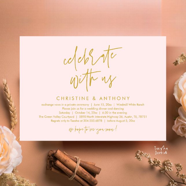 Modern Minimalist Wedding Reception Dinner Invitation (Modern Minimalist Wedding Reception Dinner Invitation Card, Celebrate with us, in Yellow Gold Blush)