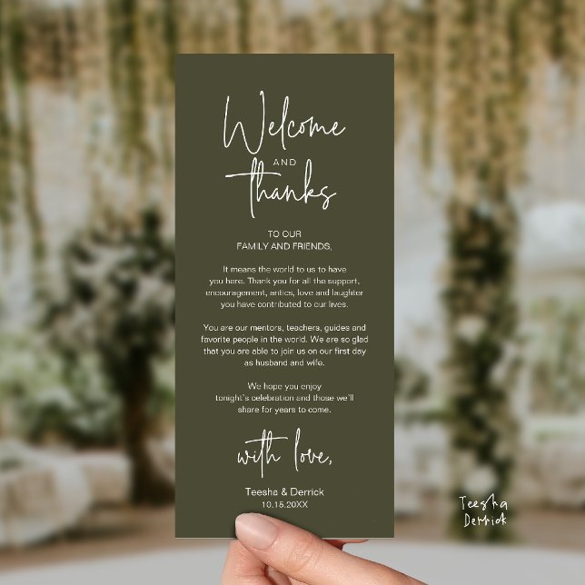 Modern Minimalist Wedding Reception Thank You Card (Modern Minimalist Wedding Reception Thank You Dinner Lunch Brunch Party Card in Olive Green)