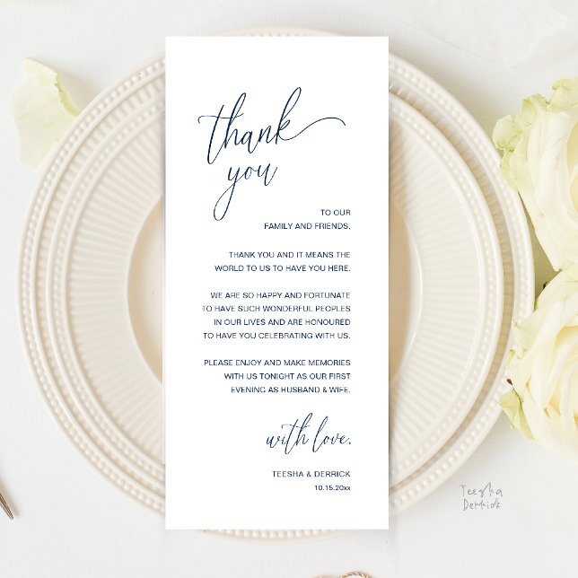 Modern Minimalist Wedding Reception Thank You Card (Modern Minimalist Wedding Reception Thank You Card in Classy Navy Blue)