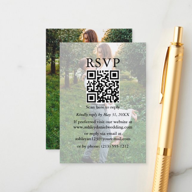 Modern Minimalist Wedding RSVP QR Overlay Photo Enclosure Card (Front/Back In Situ)