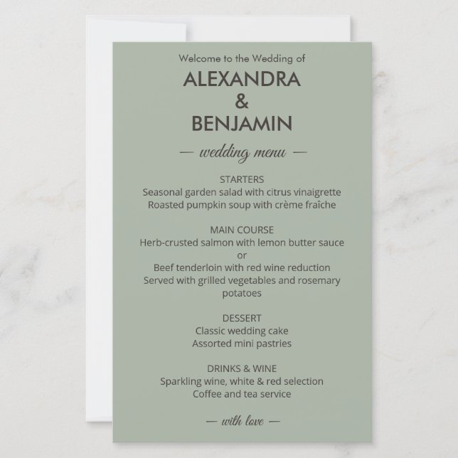 Modern Minimalist Wedding | Sage Green menu (Front)