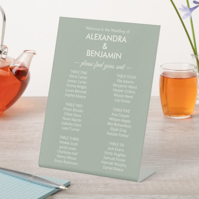 Modern Minimalist Wedding | Sage Green seating Pedestal Sign (In SItu)